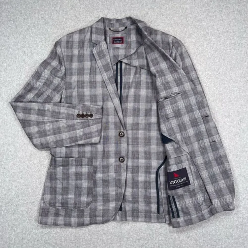 UNTUCKit Blazer 40R Gray Glen Plaid Linen Unstructured Sport Coat Surgeon Cuffs